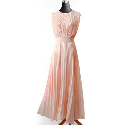 China Anti-wrinkle Wholesale OEM fashion long  temperament fresh sleeveless round neck bottom high waist over knee pleated station evening dresses for sale