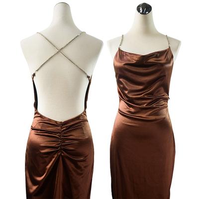 China Anti-wrinkle Wholesale OEM Custom clothing satin  Women Luxury Sexy V Neck Sling Pleated party dresses women Long Formal Evening Dress for sale