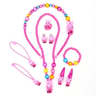 China Cute Beaded Rings Necklace Bracelets Sets For Kids Pink Jewelry Sets for sale