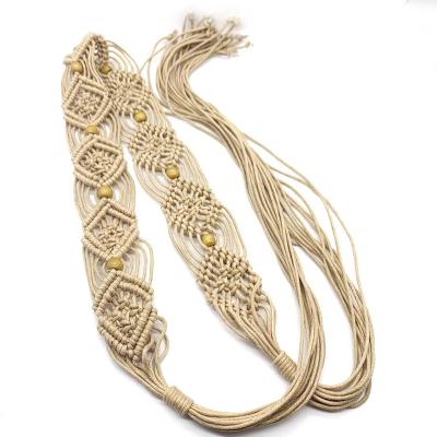 China Handmade Woven Polyester/Cotton Fashion Decoration Tassel Bohemian Belts For Dress Women Cotton Wax Rope Braid Waist Belt for sale