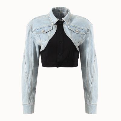 China Blue denim tops new fall/winter 2021 straight and black splicing viable slim cropped jeans coat for sale