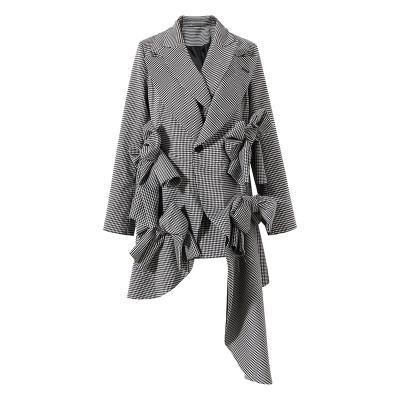 China Spring New Coat Breathable Bow Tie Designer Fashion Asymmetrical Women Long Sheath Jacket Plaid Blazer for sale