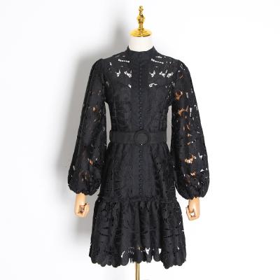 China 2020 new Anti-wrinkle spring style women dress black casual dress palace style hollow out lace dress for sale