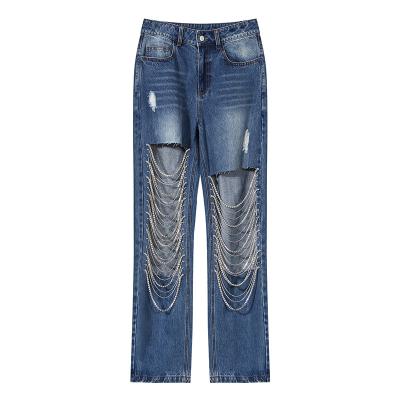 China High-waisted heavy industry women jeans pants 2021 sustainable diamond-inlaid new chain ripped washed jeans for sale