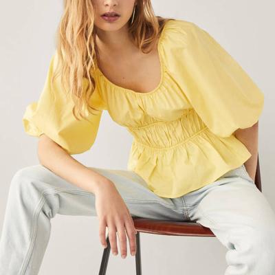 China Elegant Korean Round Neck Blouse Women 2020 Modern Yellow Viable Bottom Blouse for sale