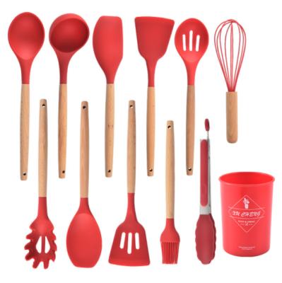 China Sustainable 12pcs Silicone Cooking Tool Kit Tong Spatula Kitchen Accessories Utensils With Wooden Handle for sale