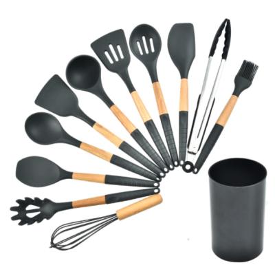 China Sustainable 12pcs Silicone Cooking Kitchen Utensils Set, Wooden Handles Cooking Tool BPA Free Non-Toxic Silicone Turner Tongs Spatula for sale