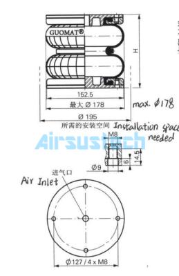 中国 115MM ストローク エア ベルロー ノーグレン PM/31062 巻き込み式 エア スプリング ダンロップ 6'×2 販売のため