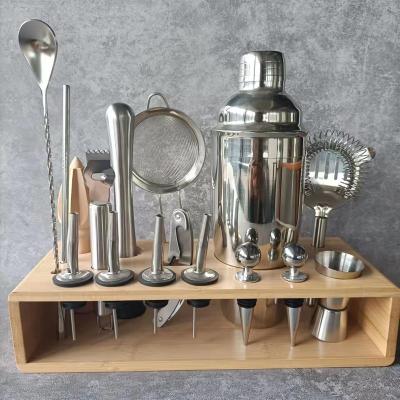 China Bartender Kit Stainless Steel Cocktail Shaker Set 700ml Silver Metal Bar Tools SS201/304 Cocktail Shaker Set with Wooden/Bamboo Stand for sale