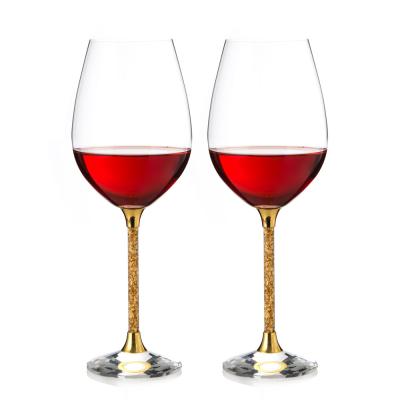 China New Elegant Classic/Postmodern Crystal Base Gold Stem Round 400ml Two Gift Wine Glass Set For Men for sale