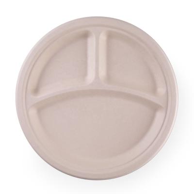 China Disposable Bagasse Tableware Round Sugar Cane Bagasse Dish 3 Compartment for sale