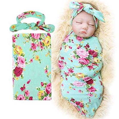 China Anti-pilling 2019 New Floral Print Baby Wrap Bowknot Headband Set Newborn Wrap Towel for sale