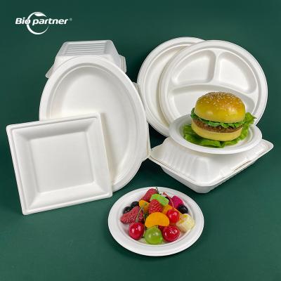 China 3 Compartment Bagasse Eco-friendly Biodegradable Paper Plates To Go Take Out Disposable Food Container Dishes for sale