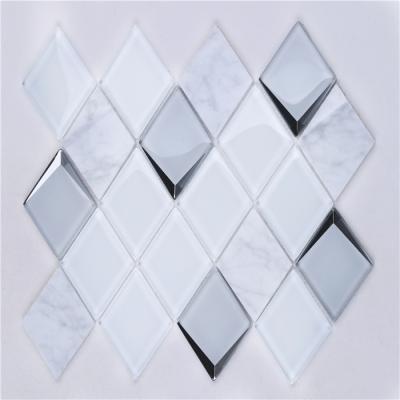 China Carrara Marble Mosaic Tiles Kitchen Backsplash Bathroom Decorative White Beveled Glass Wall Beautiful 3D Modern Rhombus HMB247 Wall for sale