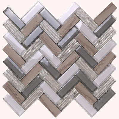 China HYM152 Parquet Kitchen Backsplash 300x300 Glass Mixed Color Mosaic Design Herringbone Slab and Stone Strip for Wall Decoration for sale