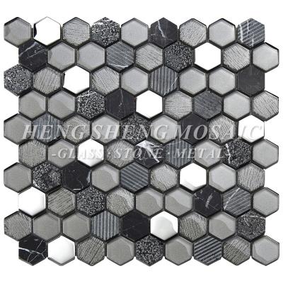 China Parquet Coffee House Design Black Hexagon Mosaic Mix Marble Glass Mosaic Slab for sale