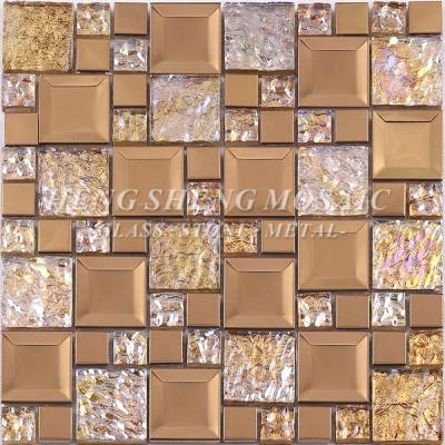 China Flooring Iridecent Luxury Color Crystal Glass Mixed Gold Stainless Steel Mosaic Slab For Club Hotel Decoration for sale