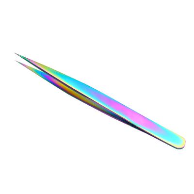 China Wholesale False Eyelash Extension Rainbow Stront Curve Wick Stainless Steel Eyelash Tweezers Angled Tweezers for sale