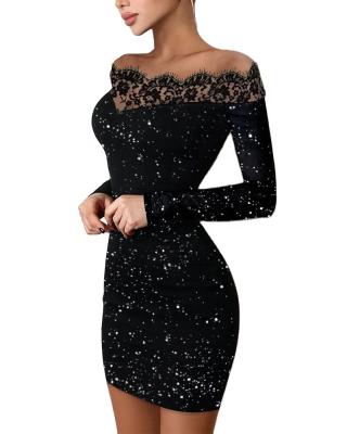 China Long Sleeve Anti-Static Crop Top Silver Powder Dresses Lace Off The Shoulder Contrast Lace Glitter Bodycon Dress for sale