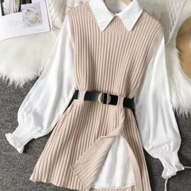 China New anti-static Korean slim middle length shirt lace up waist knit women two-piece suit vest set autumn winter for sale