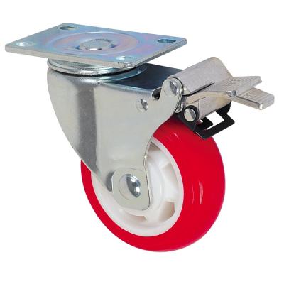 China Swivel With Double Brake Ball Bearing PU 100mm Medium Duty Red Caster Wheel for sale