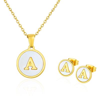 China Environmental Friendly Popular Gold Plated Simple Shell Titanium Steel Earrings Necklaces Letter Set Jewelry Women Pendant Necklaces for sale