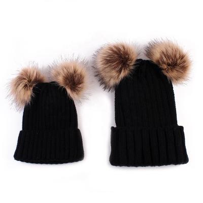 China 2 Pack Parent-Child Winter COMMON Beanies Rib Knitted Beanie With Pompom for sale