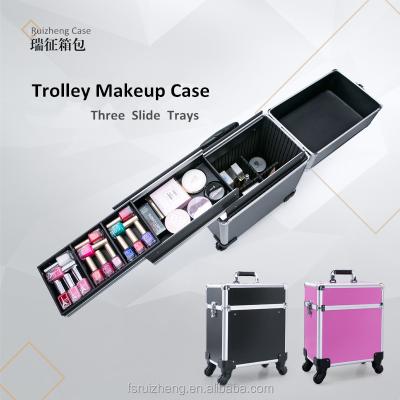 China Professional Fashion Makeup Trolley Aluminum Rolling Case With Slide Trays for sale