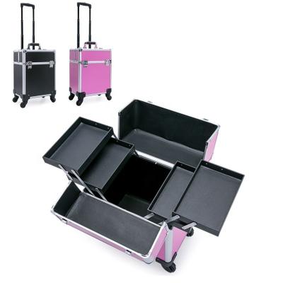 China Fashion hotsale waterproof hard aluminum nail rolling cosmetic box soho makeup case trolley for sale