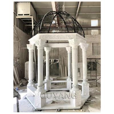 China QUYANG Modern Large Outdoor Decoration Round Column Pavilion Garden White Marble Stone Carving Gazebo For Wedding for sale