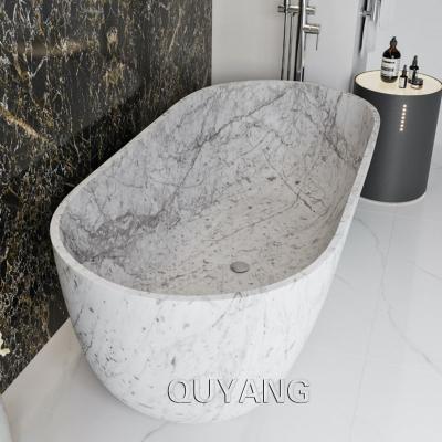 China QUYANG European Style Home Decor Freestanding Hand Carved Natural Stone Bathtub White Carrara Marble Freestanding Bathtubs for sale