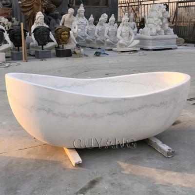 China QUYANG Style White Solid Marble Freestanding Bathtub European Luxury Natural Stone Freestanding Home Bathroom Bathtub for sale