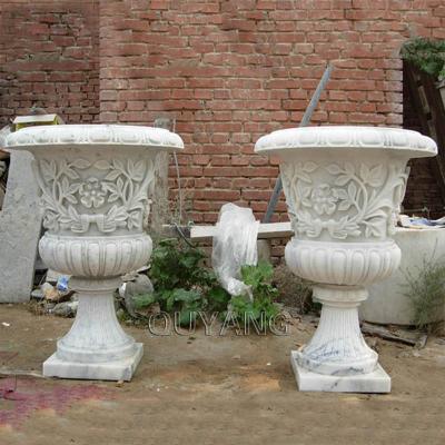 China QUYANG Modern Decorative Outdoor Hand Carved Large Garden Natural Stone Flowerpot Flower Pots White Marble Planter for sale