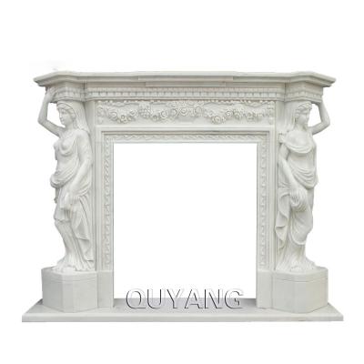 China QUYANG Design Modern European Popular Hand Carved Decorative Woman Statues Fireplace Wraps White Marble Fireplace For Villa Interior for sale