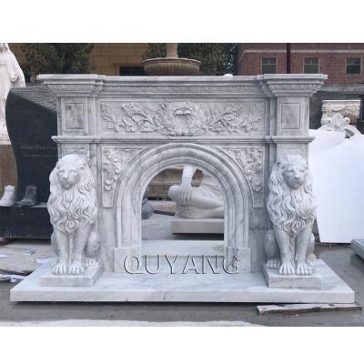 China QUYANG Modern Large Modern Indoor Hand Carved White Marble Fireplace Lion Statues Freestanding Fireplace Mantel Carrara for sale