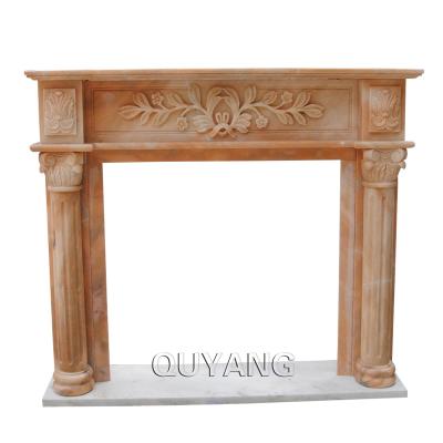 China QUYANG Modern Decorative Indoor Fire Place Mantel Free Hand Carved European Style Simple Sunset Red Marble Fireplace for sale