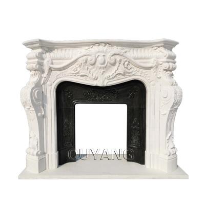 China QUYANG Modern Hand - Carved European Large Stone Style Freestanding Solid Home Decor Fireplace White Marble Surround for sale