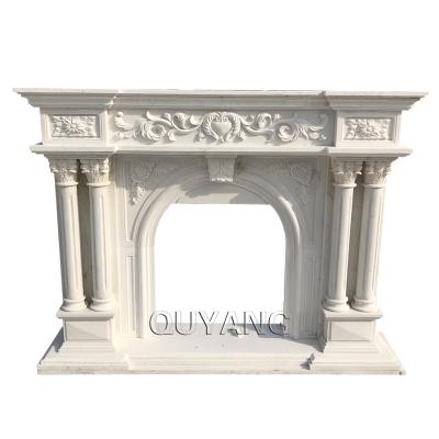 China QUYANG Modern Hand - Carved Large European Style Stone Roman Column Fireplace Home White Marble Fireplace Freestanding Solid Surround for sale