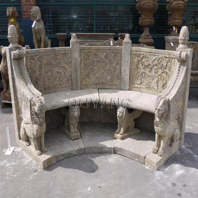 China QUYANG Customized Garden Decoration Modern Antique Hand Carving Relief Natural Stone Marble Outdoor Benches With Lions Statues for sale