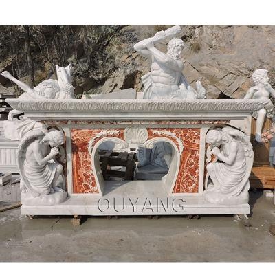 China QUYANG Modern Customized Hand - Carved Natural Marble Church Altar Luxury Prayer Lectern Table With Angel Religious Statues for sale