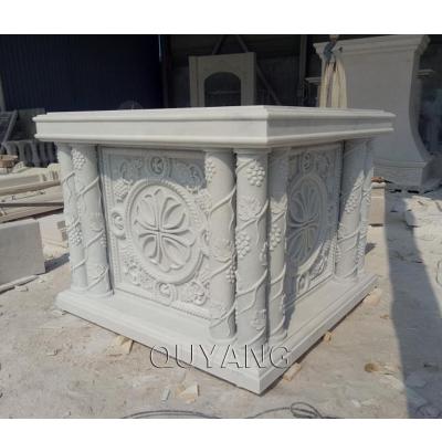 China QUYANG Modern Handcrafted Solid Natural Stone Carving Square Platform Holy Lectern Relief Marble Altar Outdoor Religious Table for sale