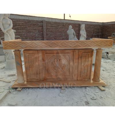 China QUYANG Modern Customized Large Sunset Red Natural Stone Marble Lectern Altar Religious Holy Prayer Table for Church for sale