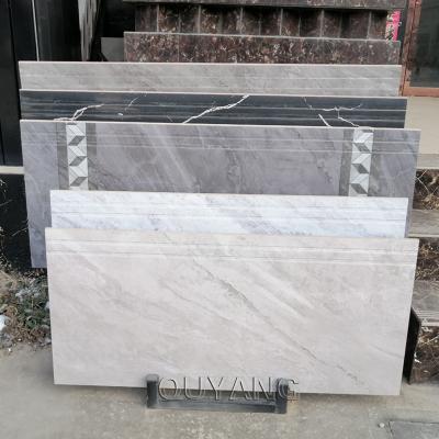 China Europe QUYANG Factory Wholesale Decorative Stairs Tiles Marble Look Interior Polished Ceramic Stair Floor Step Tiles for sale