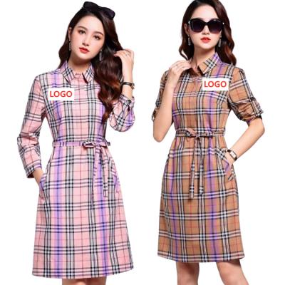 China Luxury Plaid Party Fabric Ladies Fashion Grid Blouses Office Casual Wear Belt Logo Berry High Quality Custom Women Famous Brand Anti-Static for sale