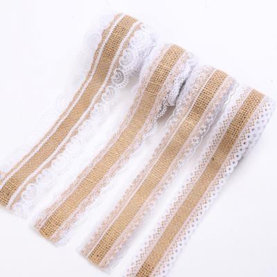 China Brown Floral Burlap Ribbon Trim Roll With White Lace For Wedding Decorations for sale