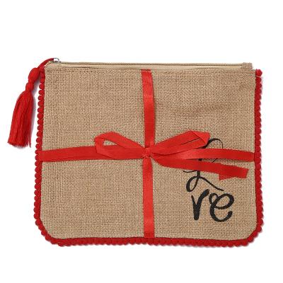 China Customized Printed Eco-Friendly Burlap Wallet Natural Jute Bag Cosmetic Bag For Women for sale