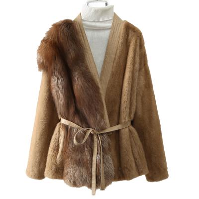 China Custom made high quality plus size mink fur coat warm fur jacket windproof real for women with belt for sale