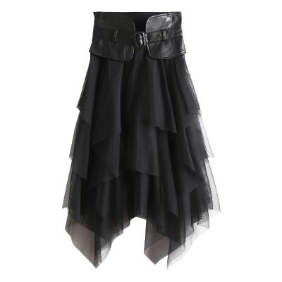 China Breathable high quality fashion elegant lace with long waist women's leather skirts women's mixed leather skirts for sale