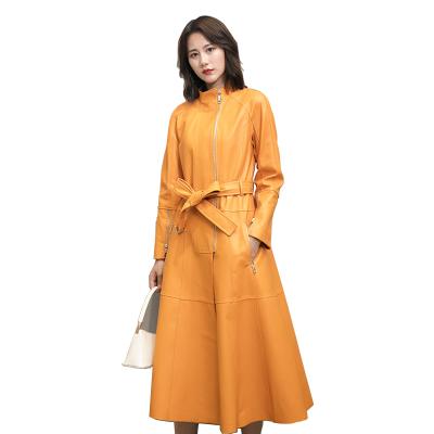 China Rompevientos High Grade Women's Sheepskin Ditch Coat Women Long Solid Leather Ditch Coat With Belt for sale