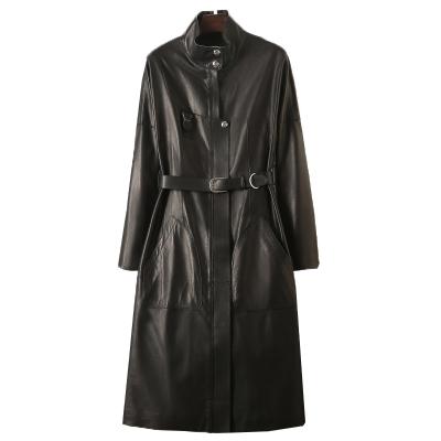 China Women's Slim Motorcycle Windproof Sheepskin Genuine Leather Coat Long Slim With Belt for sale